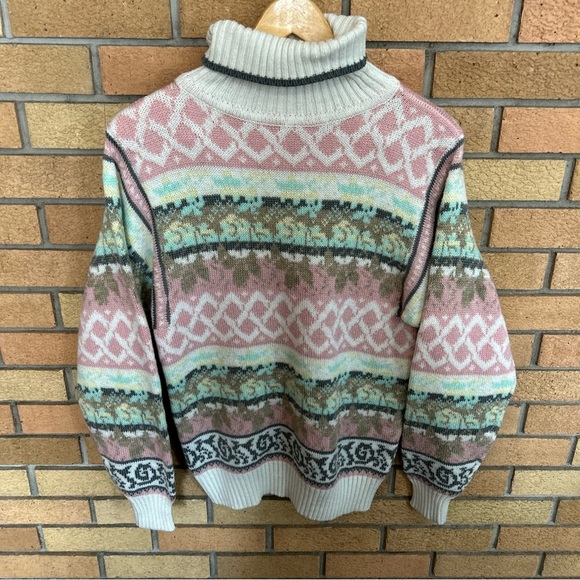Vintage Jason Maxwell Chunky Fair Isle Turtleneck Sweater Size Small - Picture 1 of 5